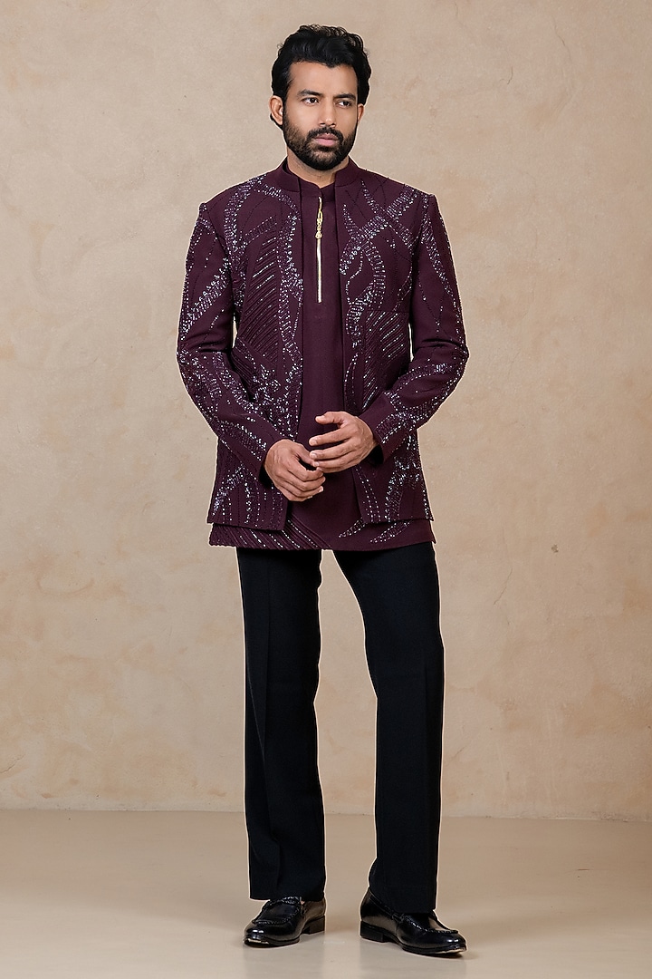 Wine Polyester Lycra Cutdana Handwork Wedding Indowestern Set by ADANI at Pernia's Pop Up Shop