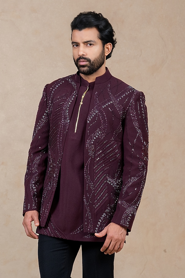 Wine Polyester Lycra Cutdana Handwork Wedding Indowestern Set by ADANI at Pernia's Pop Up Shop