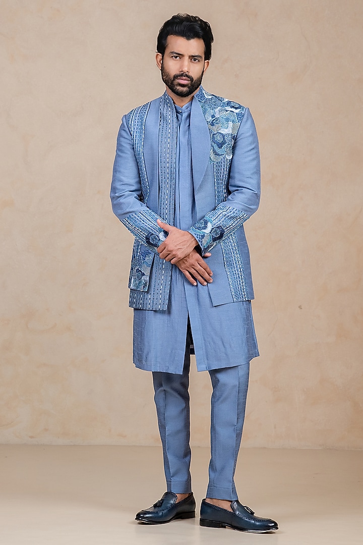 Ice Blue Dupion Cutdana Handwork Wedding Indowestern Set by ADANI at Pernia's Pop Up Shop