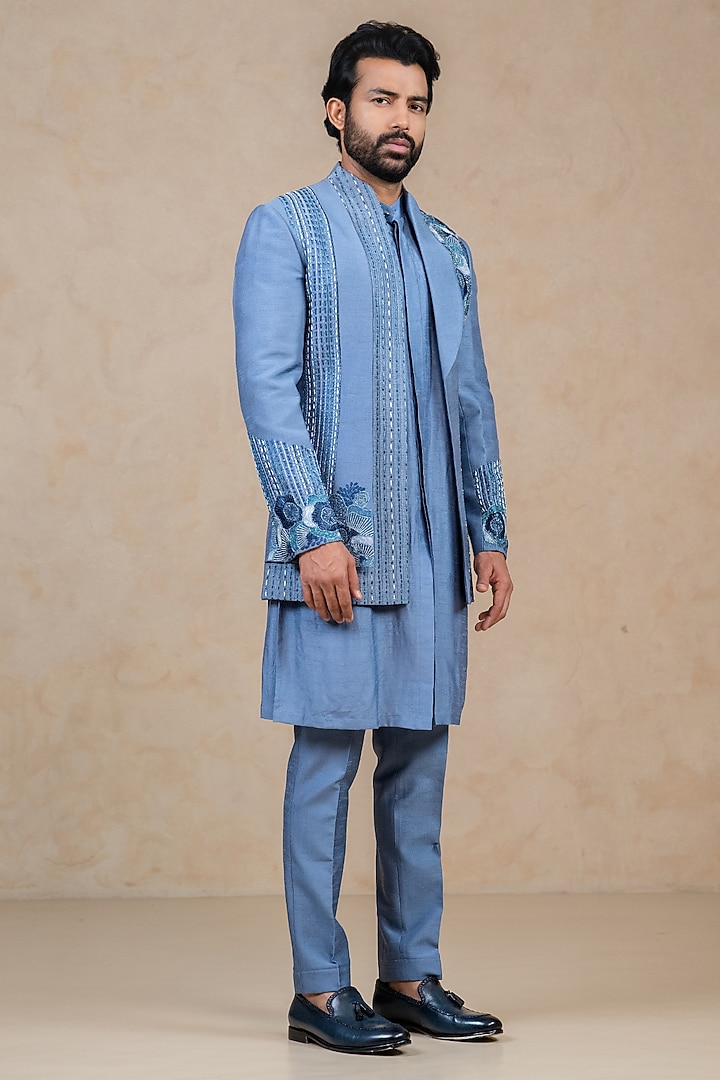 Ice Blue Dupion Cutdana Handwork Wedding Indowestern Set by ADANI at Pernia's Pop Up Shop