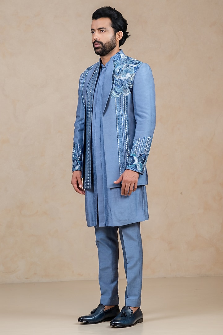 Ice Blue Dupion Cutdana Handwork Wedding Indowestern Set by ADANI at Pernia's Pop Up Shop