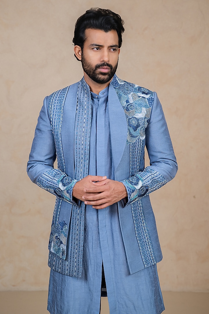 Ice Blue Dupion Cutdana Handwork Wedding Indowestern Set by ADANI at Pernia's Pop Up Shop