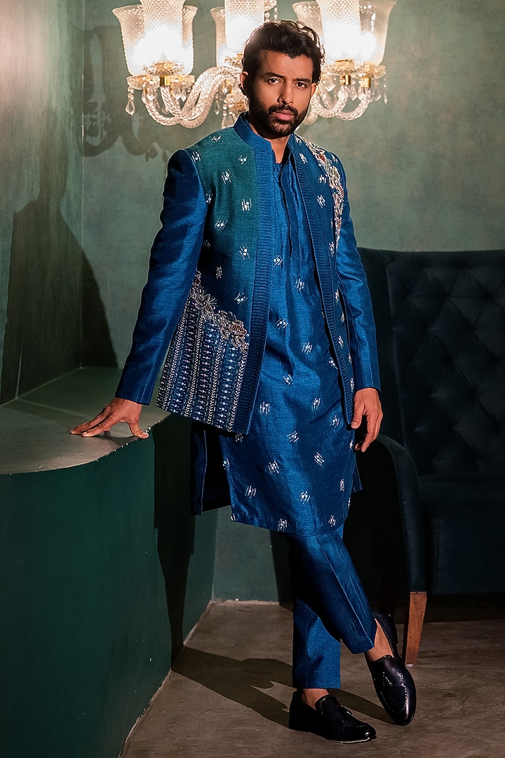 Cobalt Blue & Green Dupion Zardosi Handwork Wedding Indowestern Set by ADANI at Pernia's Pop Up Shop