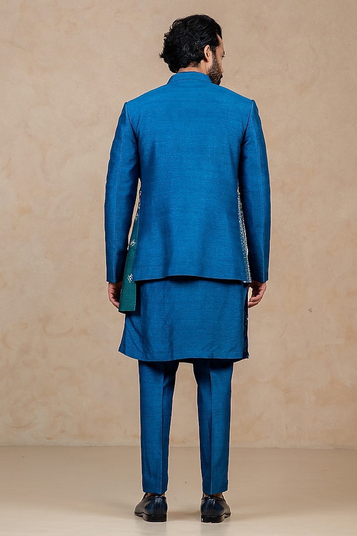 Cobalt Blue & Green Dupion Zardosi Handwork Wedding Indowestern Set by ADANI at Pernia's Pop Up Shop