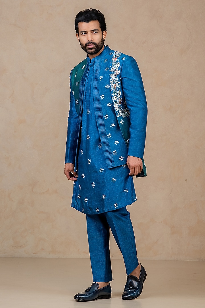 Cobalt Blue & Green Dupion Zardosi Handwork Wedding Indowestern Set by ADANI at Pernia's Pop Up Shop
