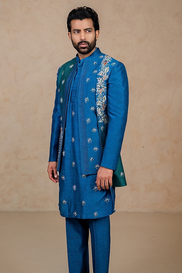 Cobalt Blue & Green Dupion Zardosi Handwork Wedding Indowestern Set by ADANI at Pernia's Pop Up Shop