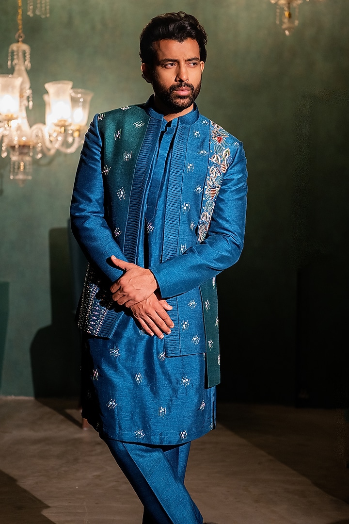 Cobalt Blue & Green Dupion Zardosi Handwork Wedding Indowestern Set by ADANI at Pernia's Pop Up Shop