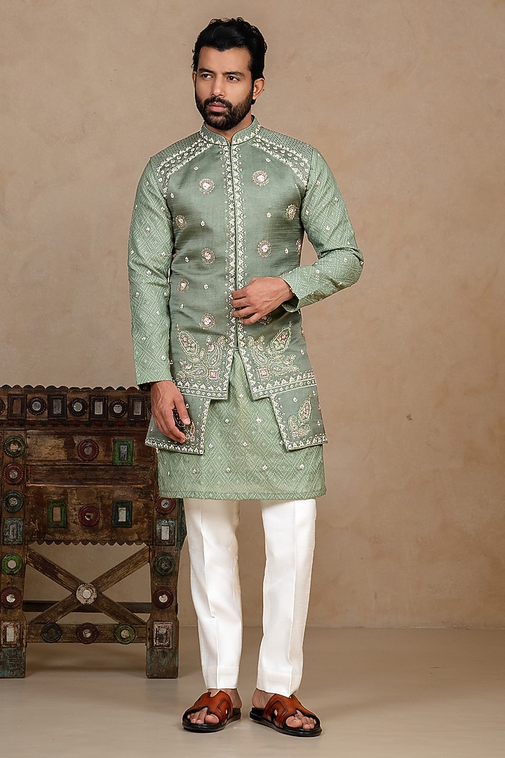 Sage Green Linen Satin Resham Handwork Bundi Jacket Set by ADANI at Pernia's Pop Up Shop