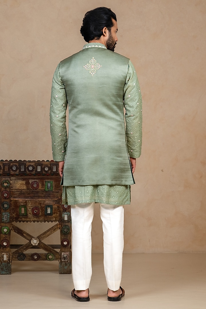 Sage Green Linen Satin Resham Handwork Bundi Jacket Set by ADANI at Pernia's Pop Up Shop