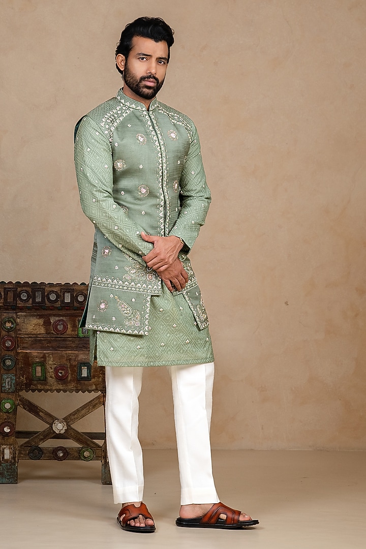 Sage Green Linen Satin Resham Handwork Bundi Jacket Set by ADANI at Pernia's Pop Up Shop