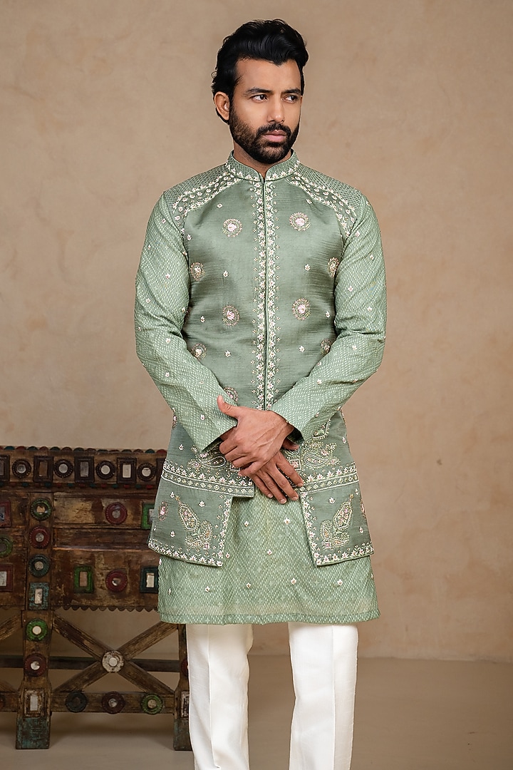 Sage Green Linen Satin Resham Handwork Bundi Jacket Set by ADANI at Pernia's Pop Up Shop