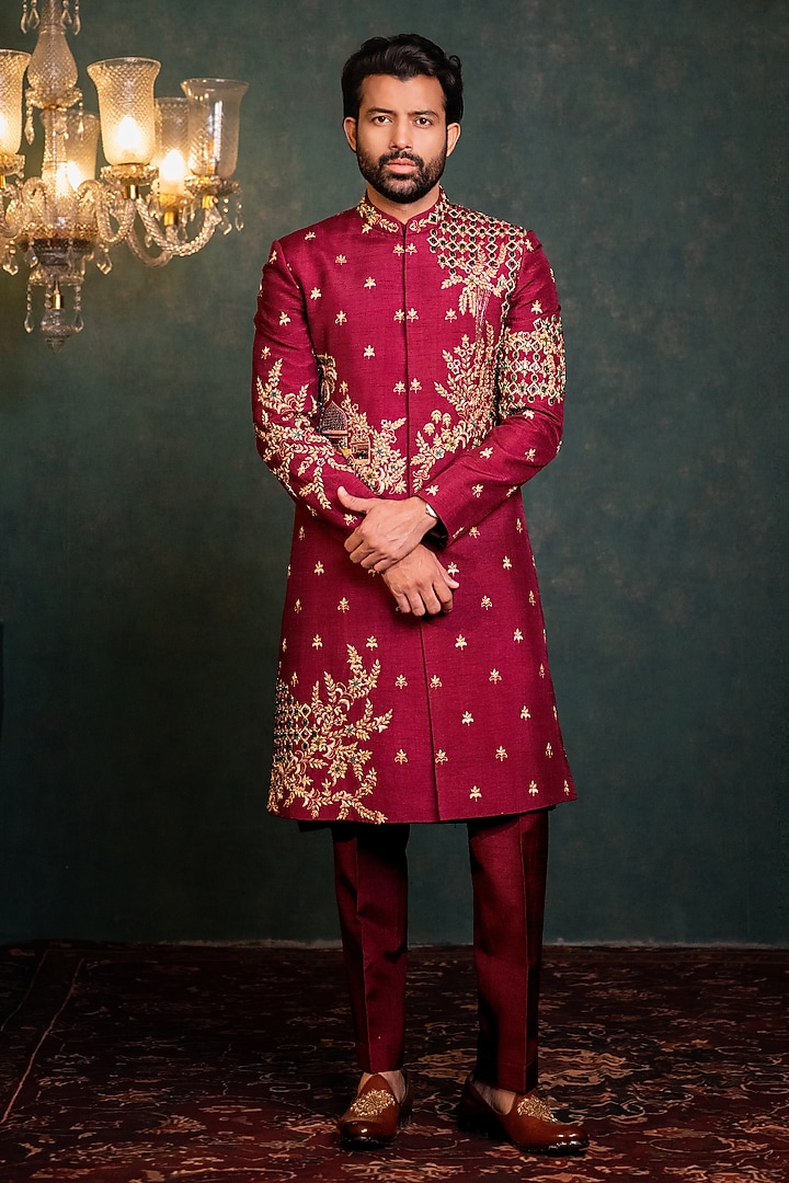 Maroon Dupion Zardosi Embroidered Wedding Indowestern Set by ADANI at Pernia's Pop Up Shop