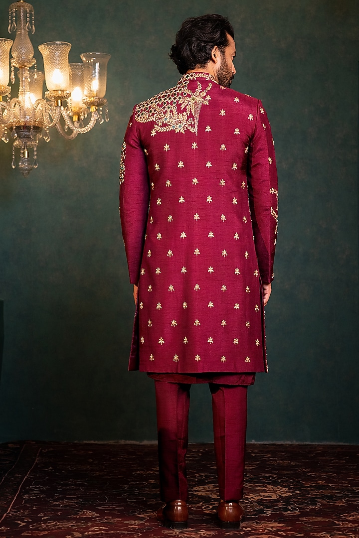 Maroon Dupion Zardosi Embroidered Wedding Indowestern Set by ADANI at Pernia's Pop Up Shop