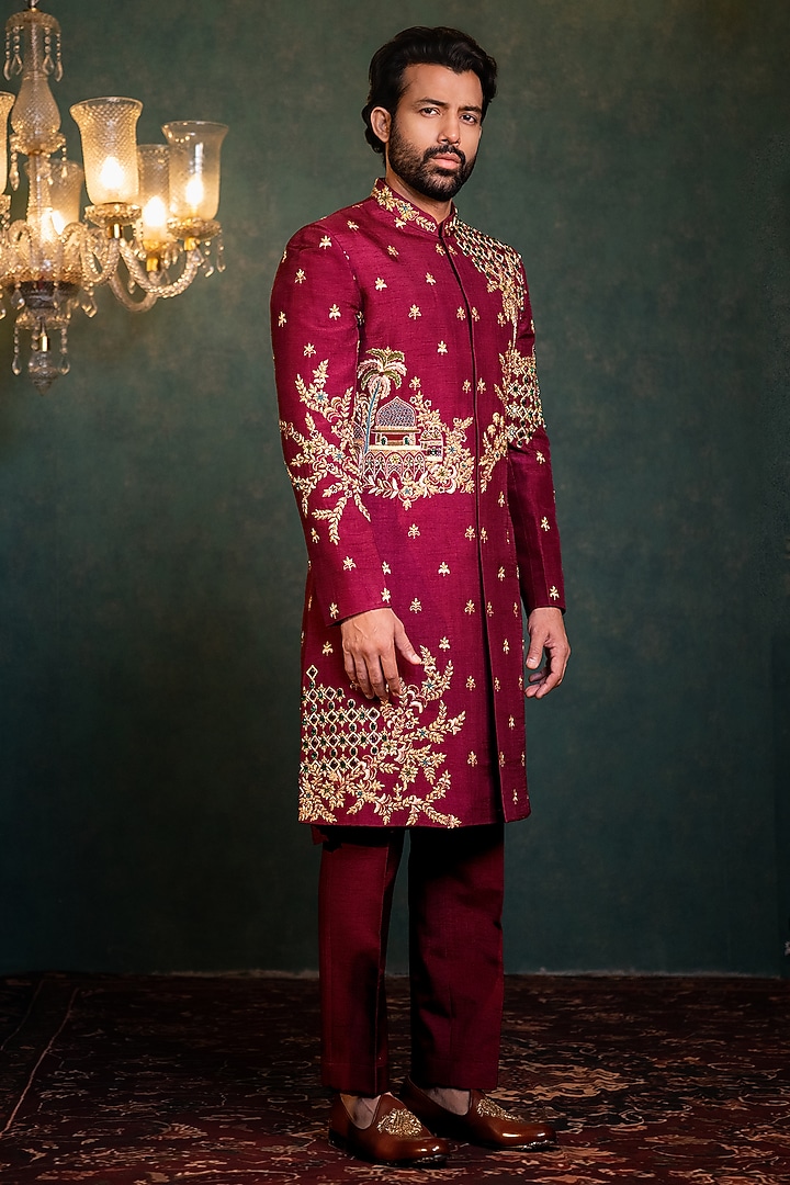 Maroon Dupion Zardosi Embroidered Wedding Indowestern Set by ADANI at Pernia's Pop Up Shop