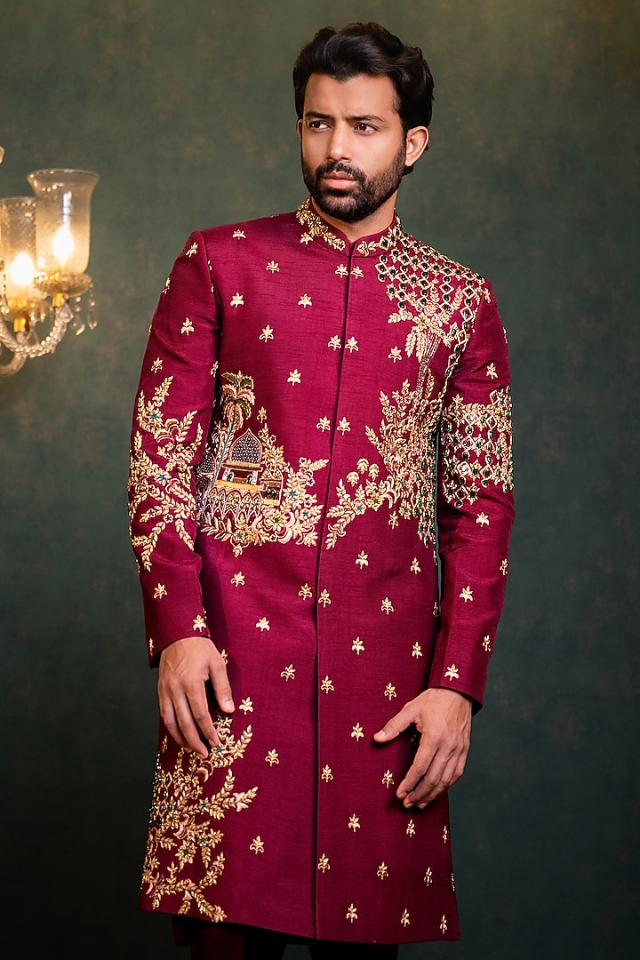 Maroon Dupion Zardosi Embroidered Wedding Indowestern Set by ADANI at Pernia's Pop Up Shop