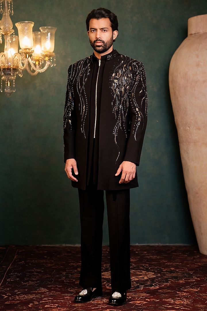 Black Polyester Lycra Cutdana Embellished Wedding Indowestern Set by ADANI at Pernia's Pop Up Shop