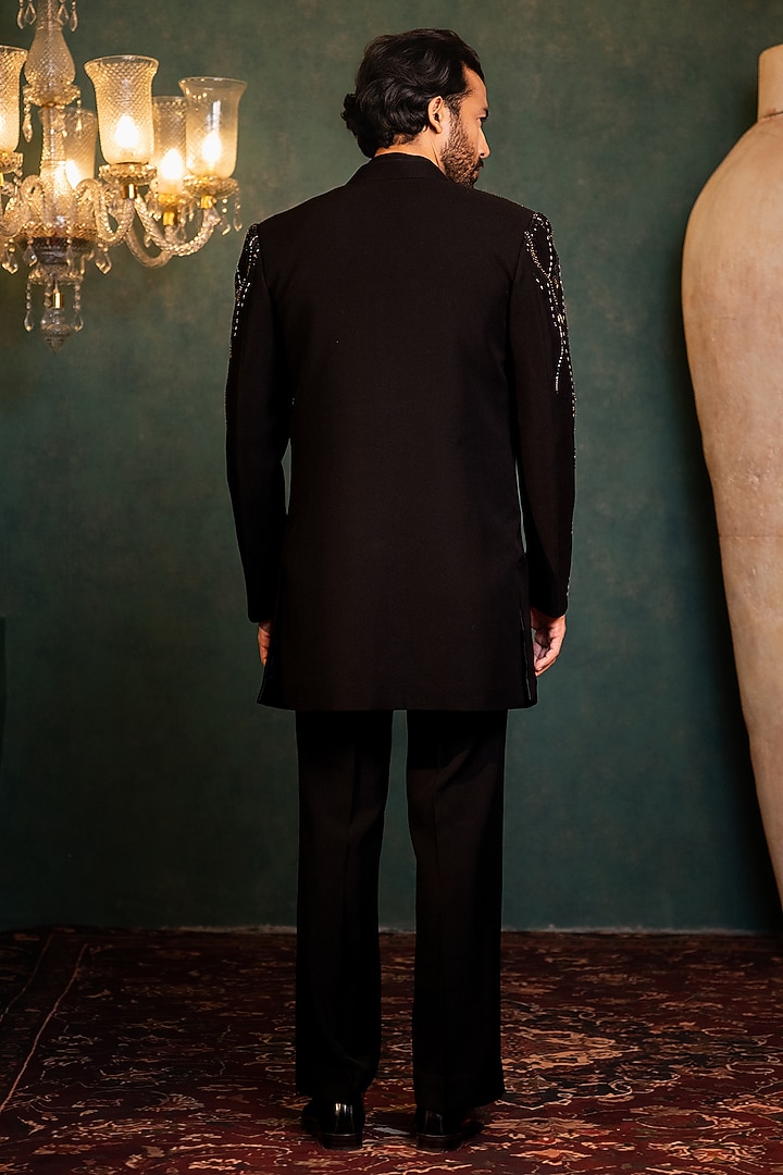 Black Polyester Lycra Cutdana Embellished Wedding Indowestern Set by ADANI at Pernia's Pop Up Shop