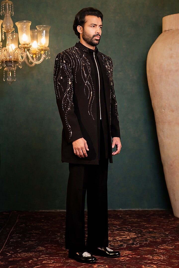 Black Polyester Lycra Cutdana Embellished Wedding Indowestern Set by ADANI at Pernia's Pop Up Shop