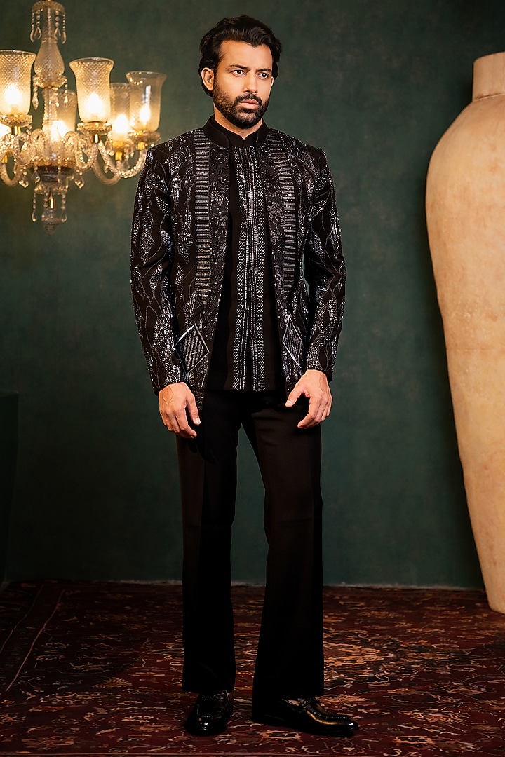 Black Polyester Lycra Cutdana Work Wedding Indowestern Set by ADANI at Pernia's Pop Up Shop