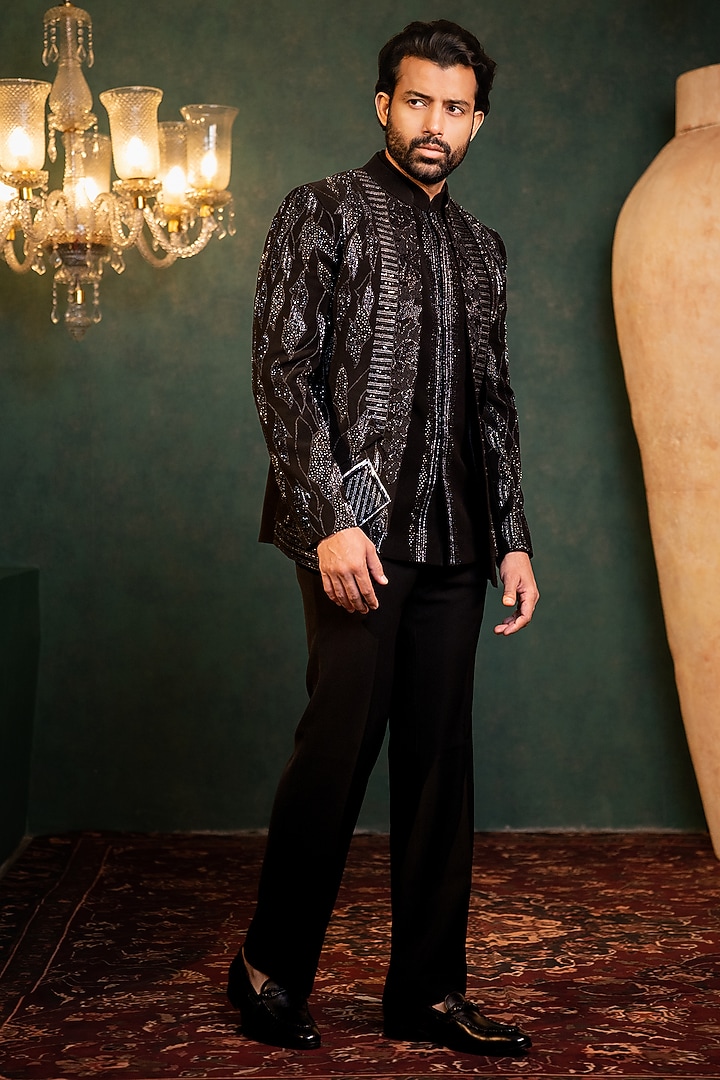 Black Polyester Lycra Cutdana Work Wedding Indowestern Set by ADANI at Pernia's Pop Up Shop