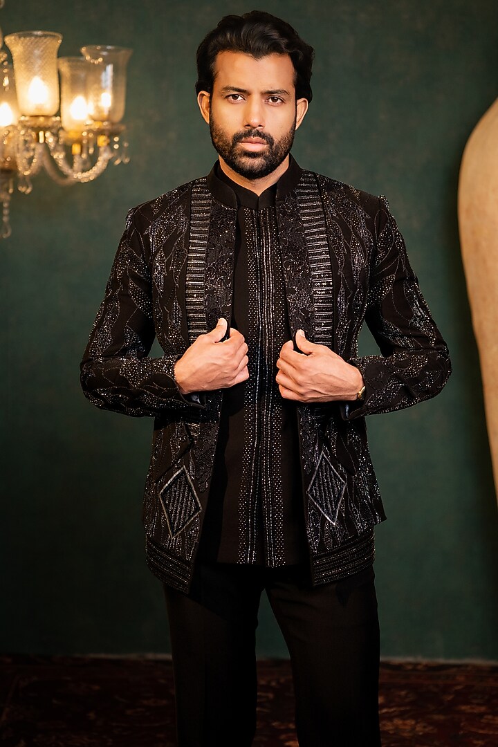 Black Polyester Lycra Cutdana Work Wedding Indowestern Set by ADANI at Pernia's Pop Up Shop