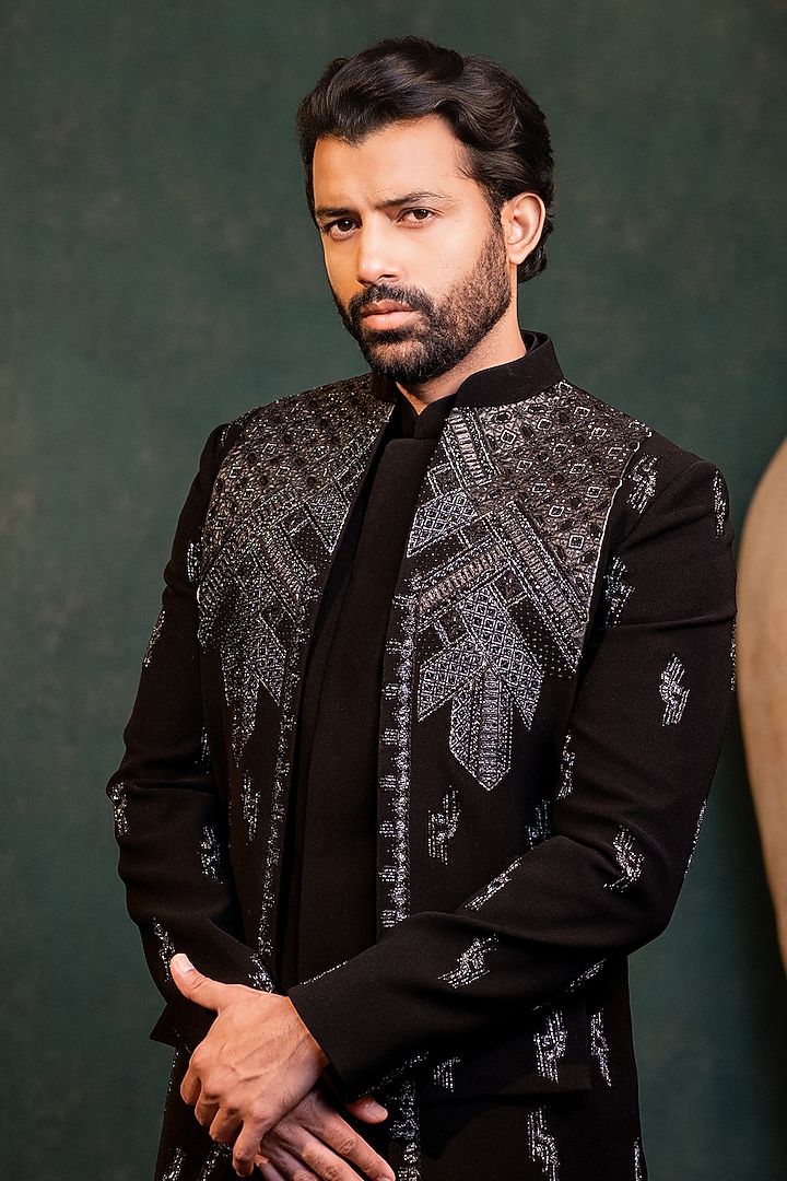 Black Polyester Lycra Cutdana Work Wedding Indowestern Set by ADANI at Pernia's Pop Up Shop