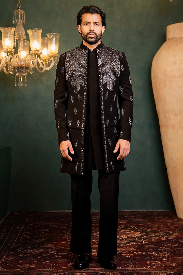 Black Polyester Lycra Cutdana Work Wedding Indowestern Set by ADANI at Pernia's Pop Up Shop