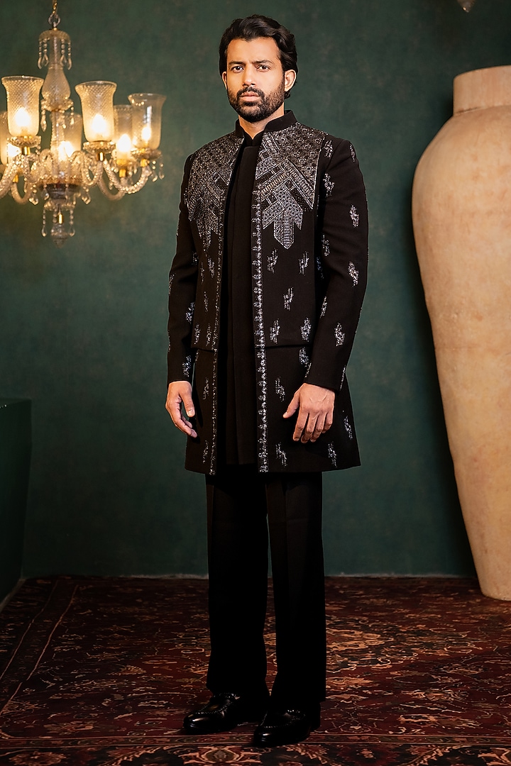 Black Polyester Lycra Cutdana Work Wedding Indowestern Set by ADANI at Pernia's Pop Up Shop
