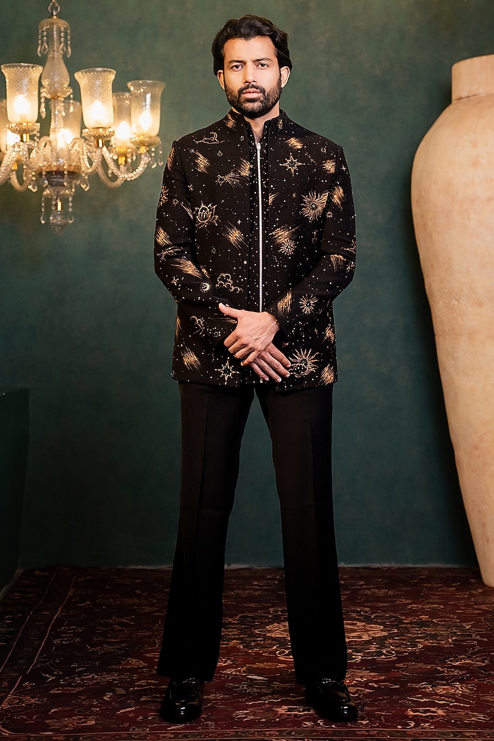 Black Polyester Lycra Cutdana Handwork Wedding Indowestern Set by ADANI at Pernia's Pop Up Shop