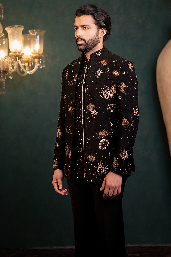 Black Polyester Lycra Cutdana Handwork Wedding Indowestern Set by ADANI at Pernia's Pop Up Shop