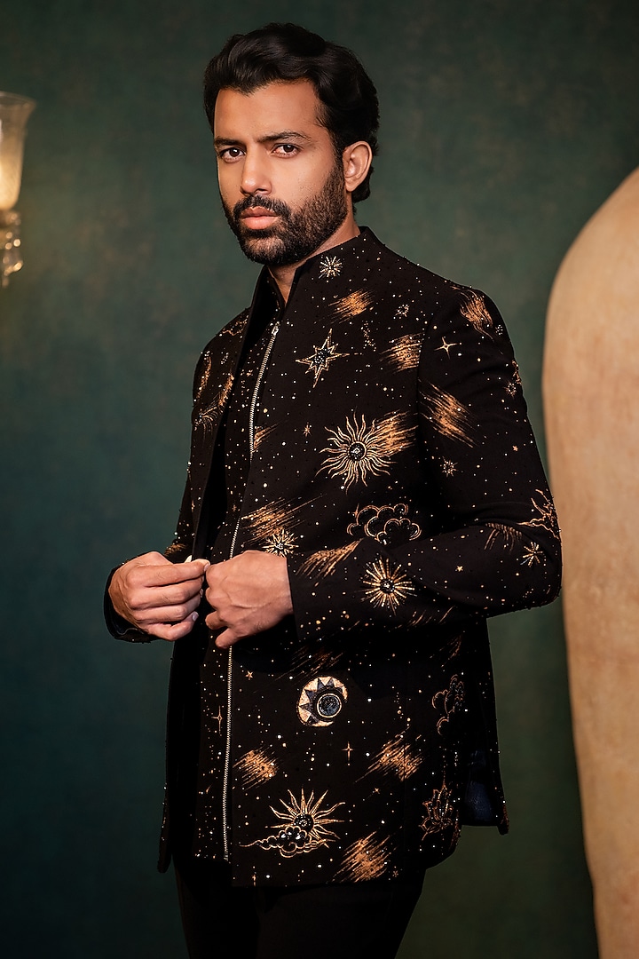 Black Polyester Lycra Cutdana Handwork Wedding Indowestern Set by ADANI at Pernia's Pop Up Shop