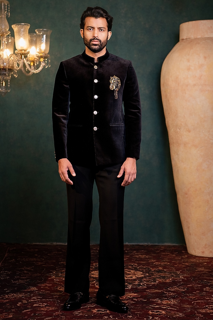 Black Cotton Velvet Jodhpuri Set by ADANI at Pernia's Pop Up Shop