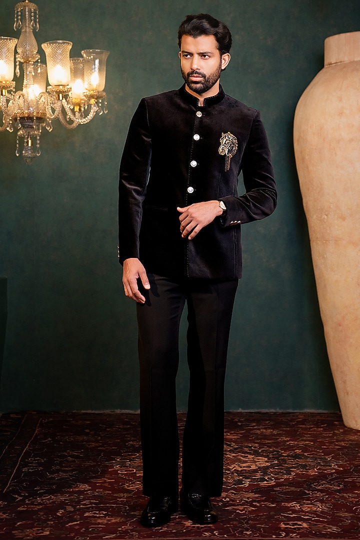 Black Cotton Velvet Jodhpuri Set by ADANI at Pernia's Pop Up Shop