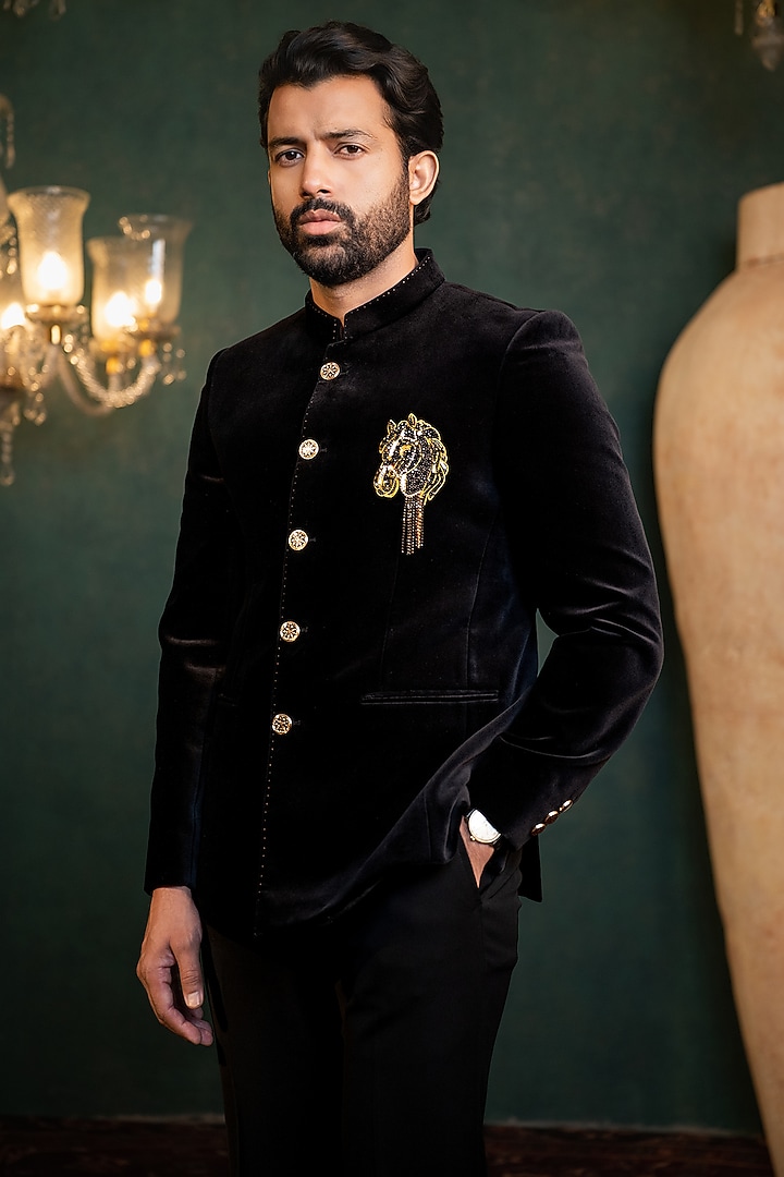 Black Cotton Velvet Jodhpuri Set by ADANI at Pernia's Pop Up Shop
