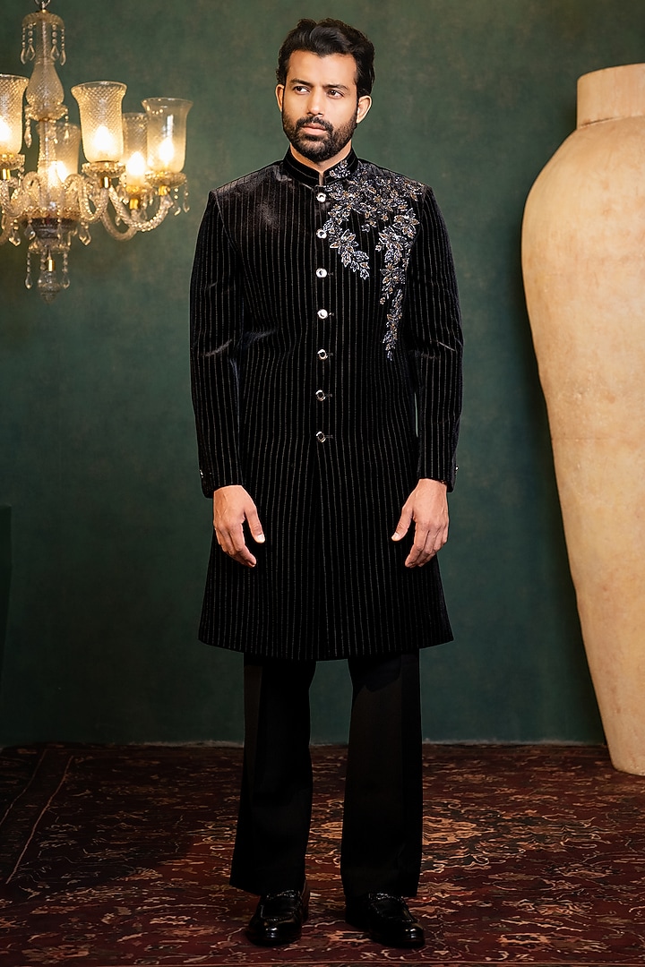  Black Velvet Machine Embroidered Wedding Indowestern Set by ADANI at Pernia's Pop Up Shop