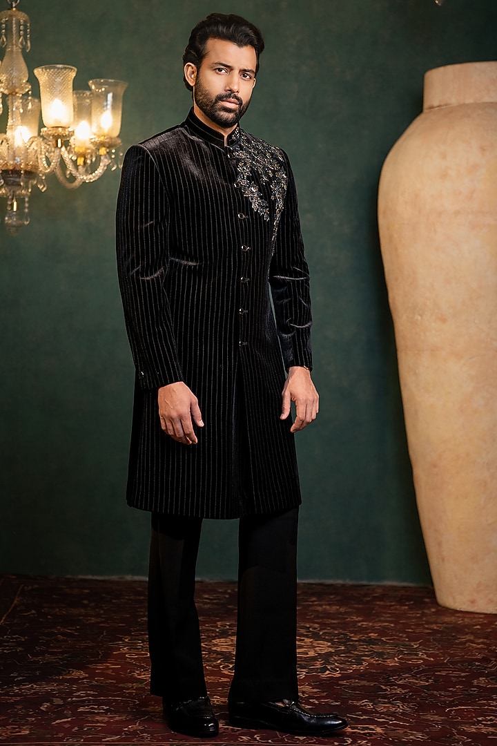  Black Velvet Machine Embroidered Wedding Indowestern Set by ADANI at Pernia's Pop Up Shop