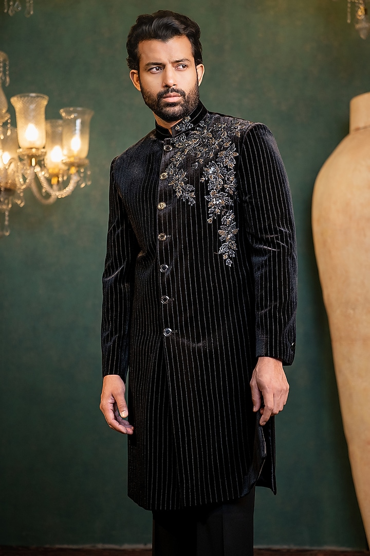  Black Velvet Machine Embroidered Wedding Indowestern Set by ADANI at Pernia's Pop Up Shop
