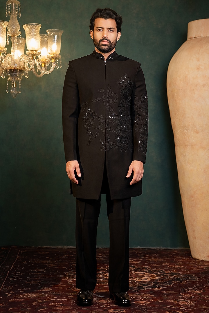 Black Polyester Pearl Handwork Wedding Indowestern Set by ADANI at Pernia's Pop Up Shop
