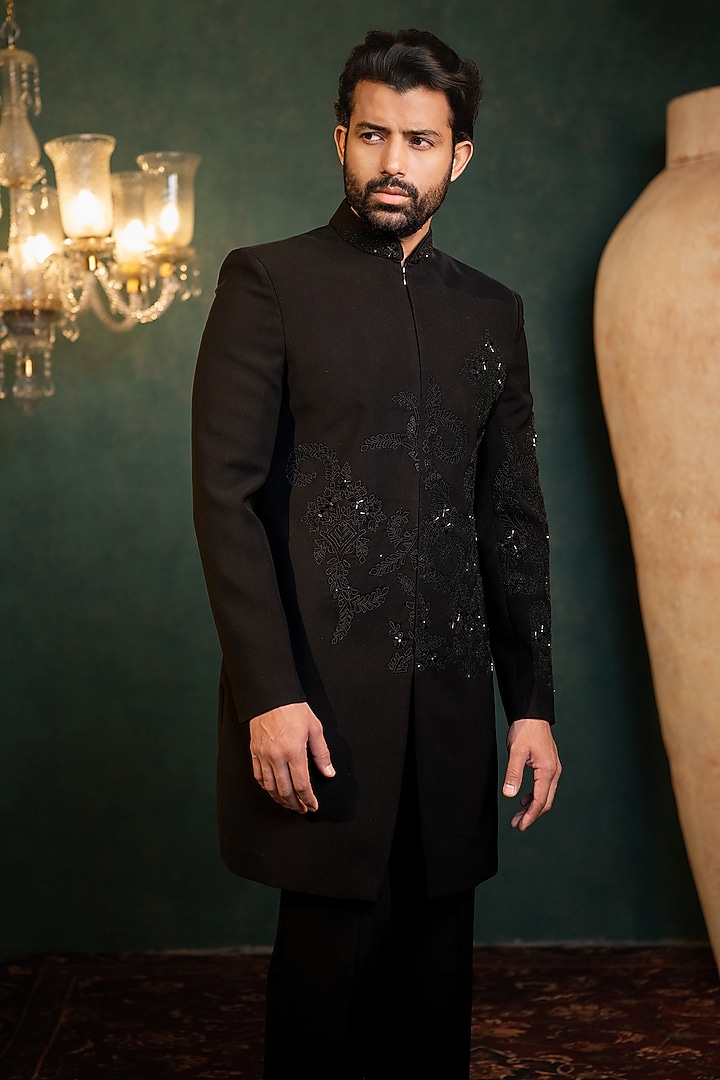 Black Polyester Pearl Handwork Wedding Indowestern Set by ADANI at Pernia's Pop Up Shop