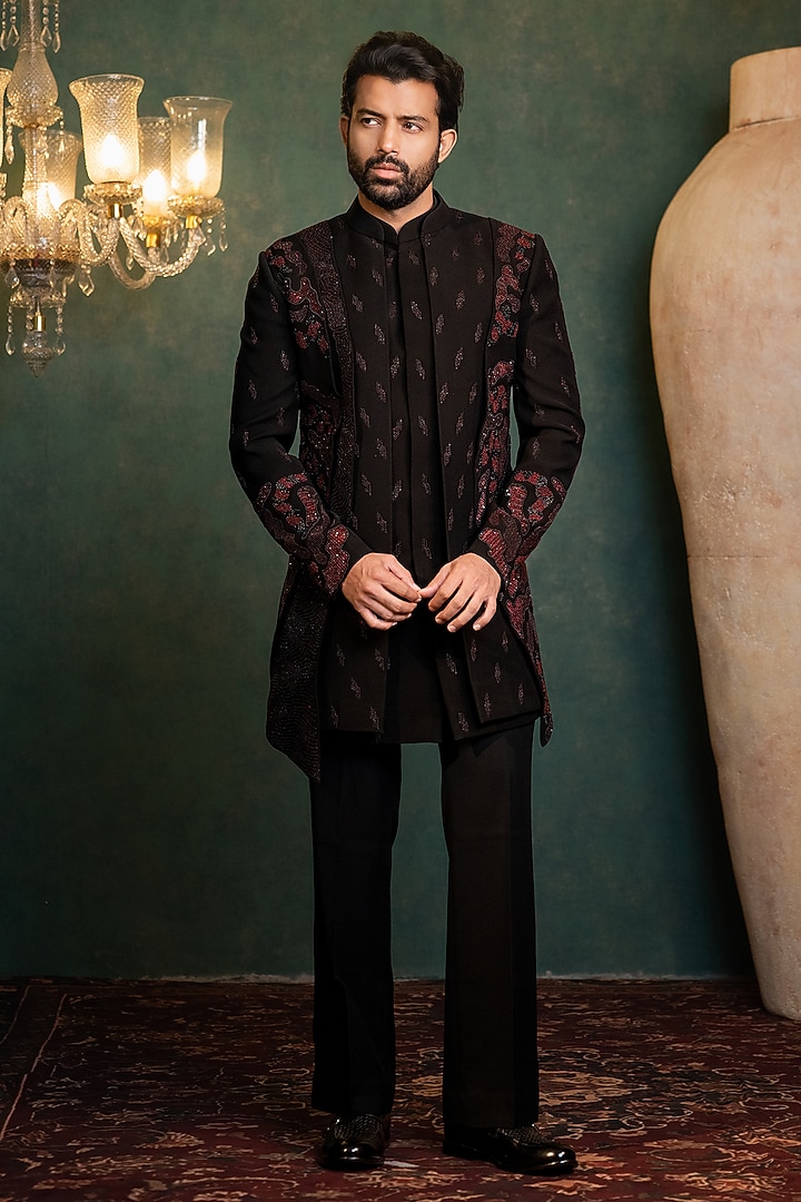 Black Polyester Lycra Cutdana Handwork Groom Indowestern Set by ADANI at Pernia's Pop Up Shop