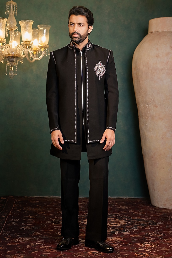 Black Polyester Lycra Zardosi Embellished Wedding Indowestern Set by ADANI at Pernia's Pop Up Shop
