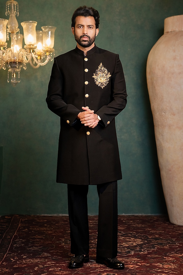 Black Polyester Lycra Handwork Wedding Indowestern Set by ADANI at Pernia's Pop Up Shop