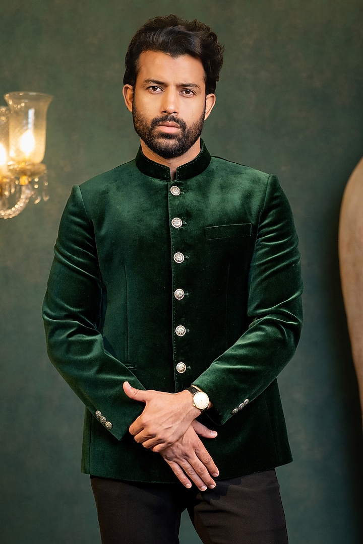 Green Velvet Jodhpuri Set by ADANI at Pernia's Pop Up Shop