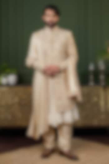 Light Gold Dupion Silk Handwork Groom Sherwani Set by ADANI at Pernia's Pop Up Shop