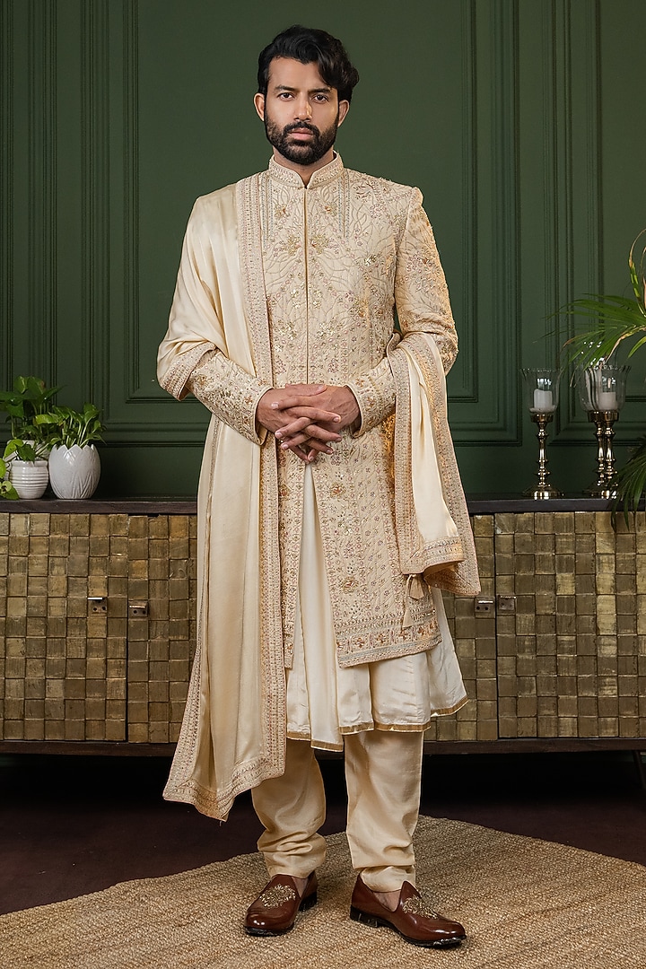 Light Gold Dupion Silk Handwork Groom Sherwani Set by ADANI at Pernia's Pop Up Shop