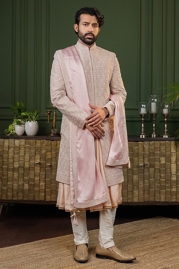 Rose Gold Dupion Silk Handwork Groom Sherwani Set by ADANI at Pernia's Pop Up Shop