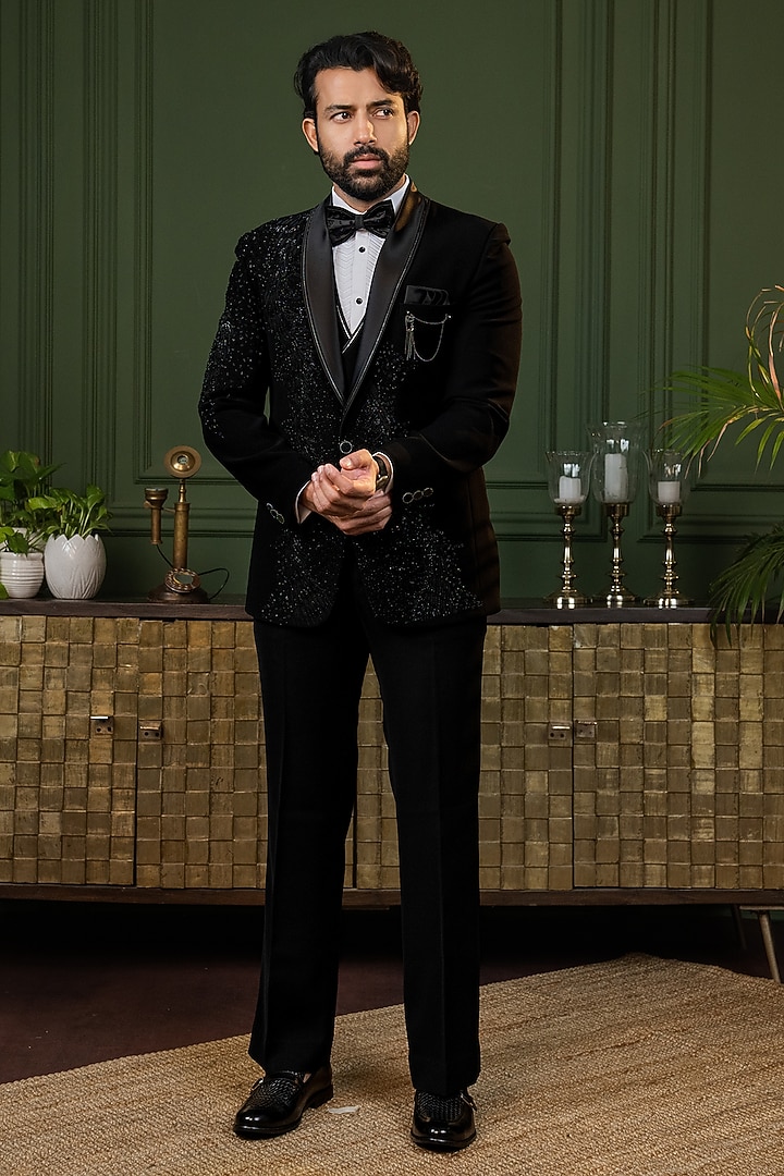 Black Polyester Lycra Cutdana Embellished Tuxedo Set by ADANI at Pernia's Pop Up Shop