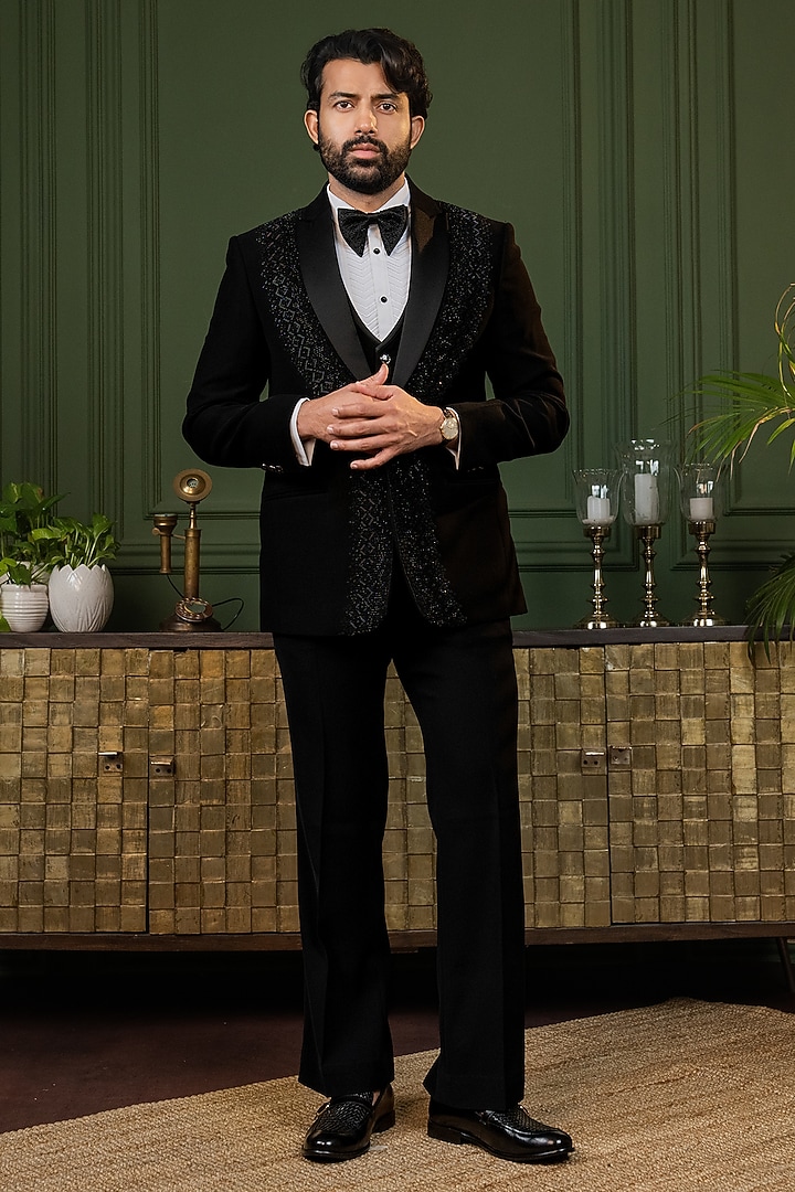 Black Polyester Lycra Cutdana Embroidered Tuxedo Set by ADANI at Pernia's Pop Up Shop