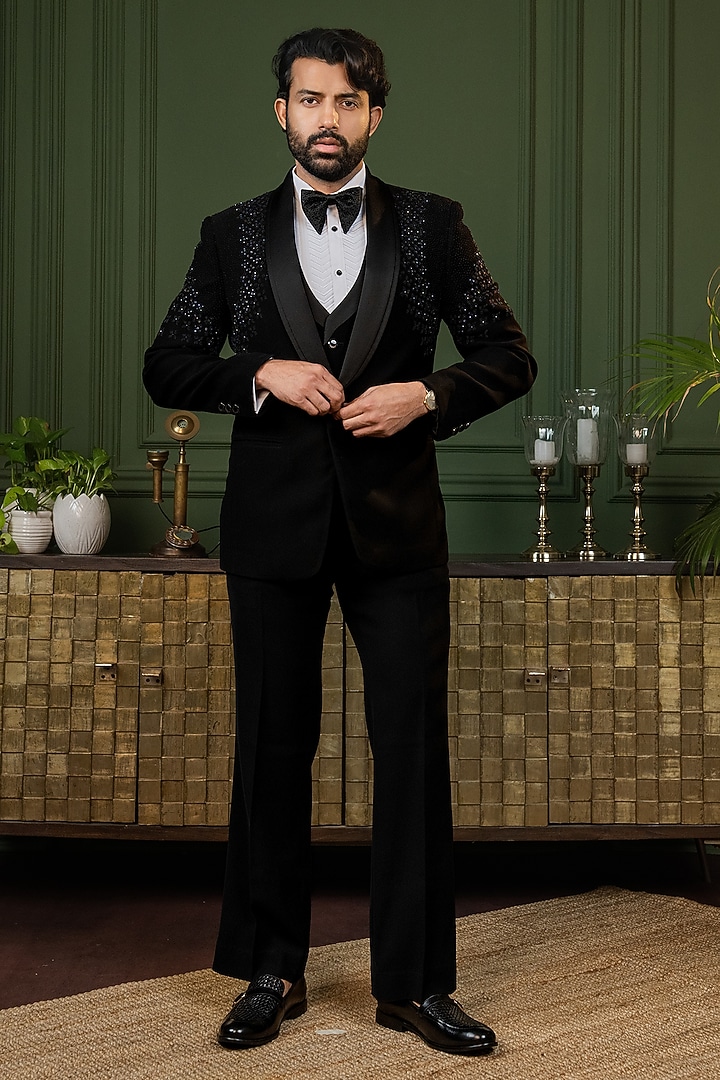 Black Polyester Lycra Sequin Embroidered Tuxedo Set by ADANI at Pernia's Pop Up Shop