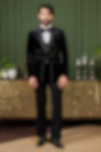 Black Silk Velvet Pearl Work Tuxedo Set by ADANI at Pernia's Pop Up Shop